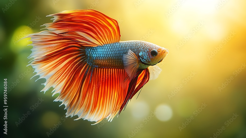 Graceful Betta Fish in Mid-Swim with Vibrant Fins under Soft Light on Gradient Background Graceful Betta Fish in Mid-Swim with Vibrant Fins under Soft Light on Gradient Background