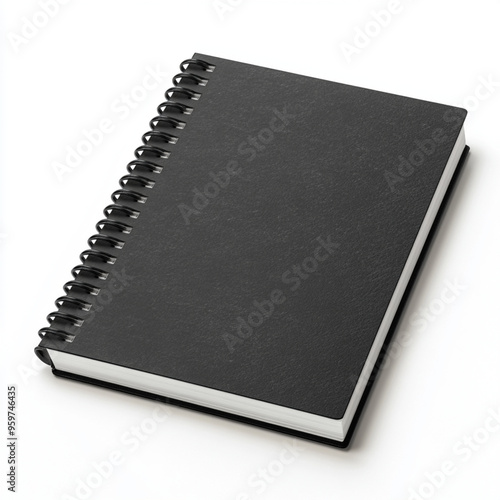 Fotografia de estilo mockup con detalle de libreta con tapas de color negro, sobre fondo de color blanco