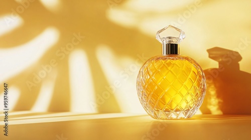 Luxury Womens Perfume Sunlit Glass Bottle on Yellow Background