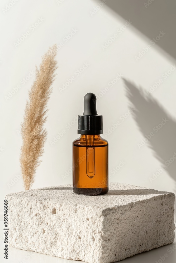 Minimalist Amber Dropper Bottle on Stone Block with Natural Pampas Grass in Sunlight Minimalist Amber Dropper Bottle on Stone Block with Natural Pampas Grass in Sunlight