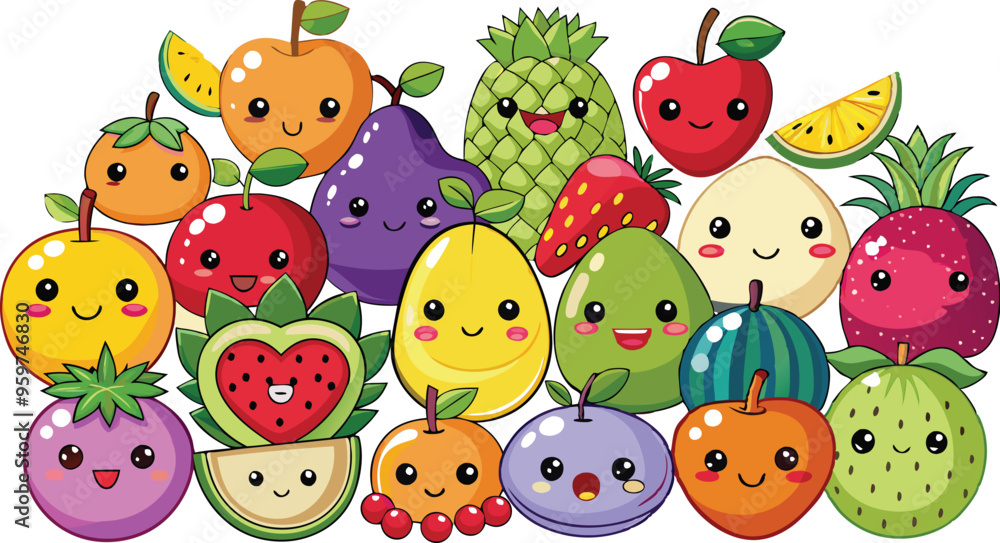 Naklejka premium Cute Cartoon Fruits set - Apple, Banana, Orange, Strawberry, Blueberry, Grape, Watermelon, Pineapple, Mango, Peach, Pear, Cherry, Raspberry, Blackberry, Kiwi, Lemon, Lime, Pomegranate, Plum, Avocado, 