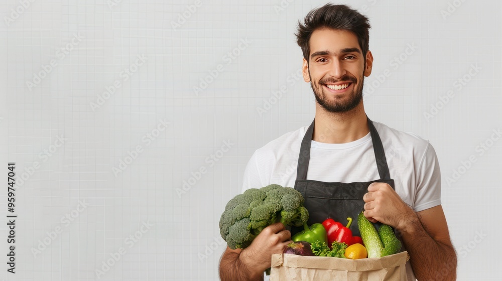 Smiling young man holding grocery shopping bags of vegetables standing alone on transparent background PNG Smiling young man holding grocery shopping bags of vegetables standing alone on transparent background PNG