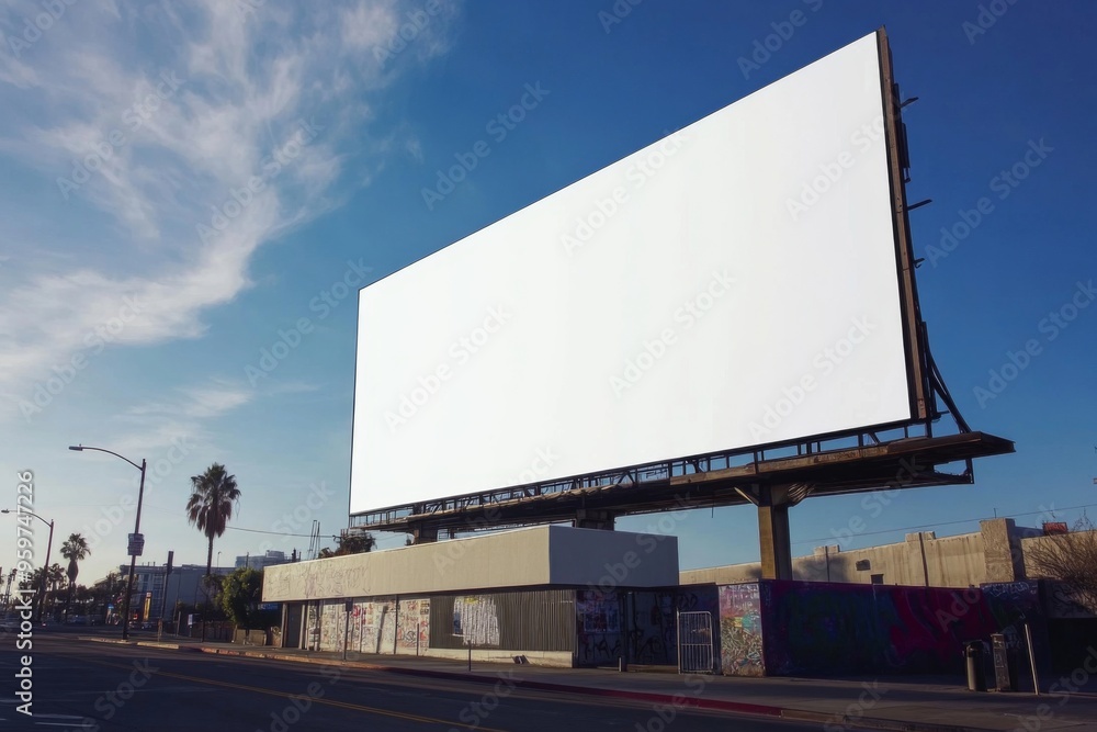 A large, blank billboard is positioned in bustling urban environment beneath sky filled with clouds A large, blank billboard is positioned in bustling urban environment beneath sky filled with clouds