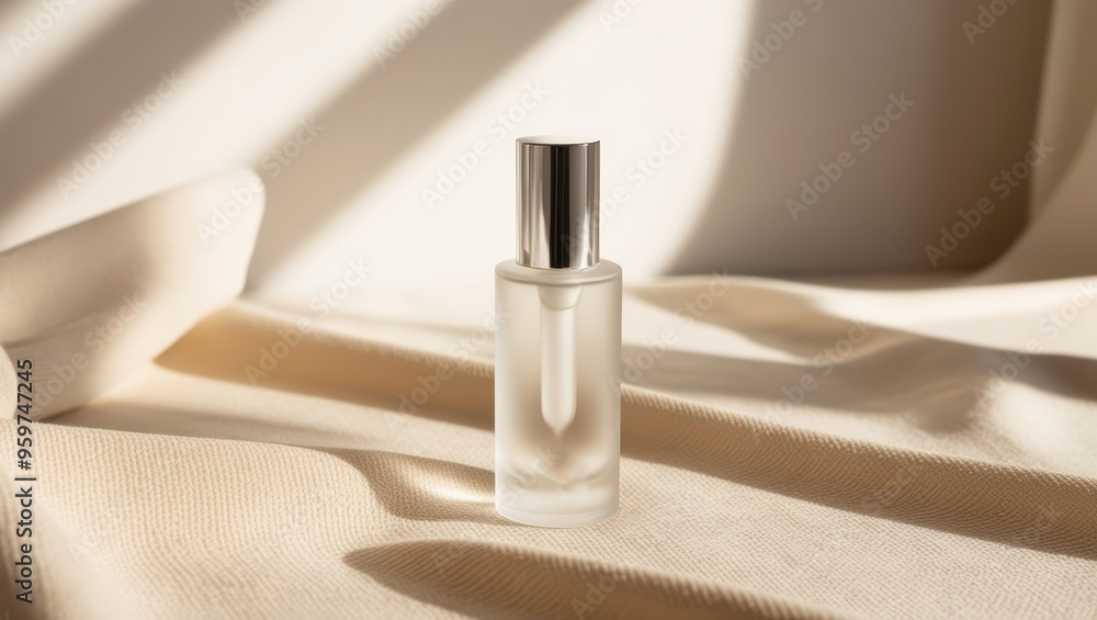 Minimalist Product Mockup Glass Bottle with Silver Cap on Beige Fabric with Sunbeams Minimalist Product Mockup Glass Bottle with Silver Cap on Beige Fabric with Sunbeams