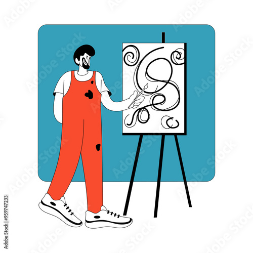 An artist is carefully creating artwork on a canvas (flat design style) V.2