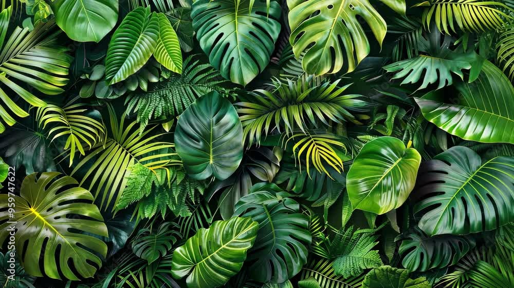 Lush tropical foliage backdrop, vibrant green leaves. Nature and botanical concept Lush tropical foliage backdrop, vibrant green leaves. Nature and botanical concept