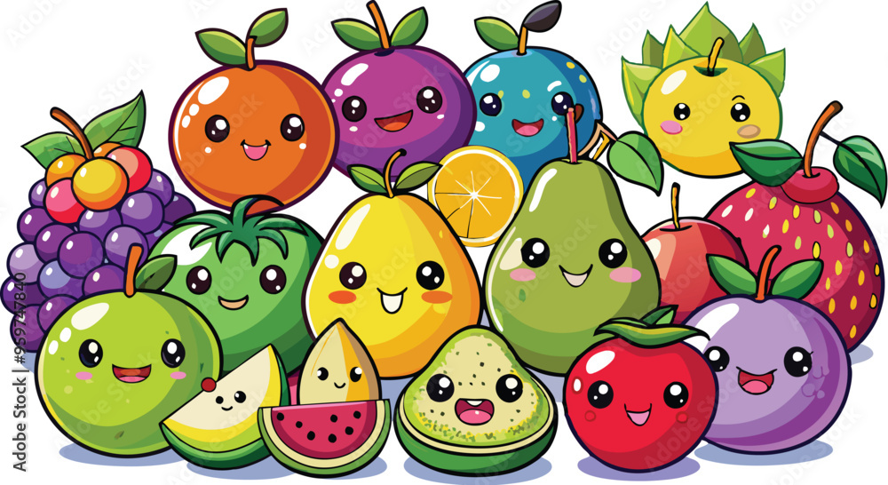 Naklejka premium Cute Cartoon Fruits set - Apple, Banana, Orange, Strawberry, Blueberry, Grape, Watermelon, Pineapple, Mango, Peach, Pear, Cherry, Raspberry, Blackberry, Kiwi, Lemon, Lime, Pomegranate, Plum, Avocado,