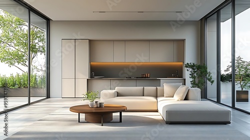 Illustration of a Modern Living Room Interior Design with Large Windows and Minimalist Furniture