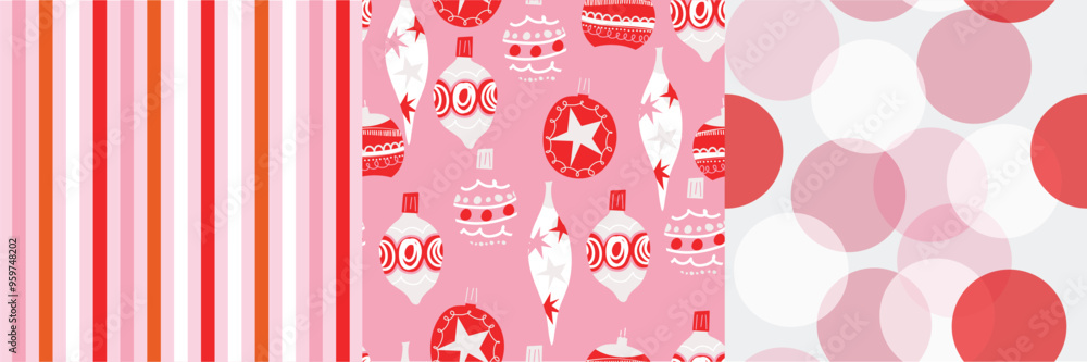 Merry christmas seamless pattern vector. Set of square cover design with bauble, ball, circle pattern. Winter season illustration for fabric, wallpaper, packaging, wrapping paper, ads. Merry christmas seamless pattern vector. Set of square cover design with bauble, ball, circle pattern. Winter season illustration for fabric, wallpaper, packaging, wrapping paper, ads.