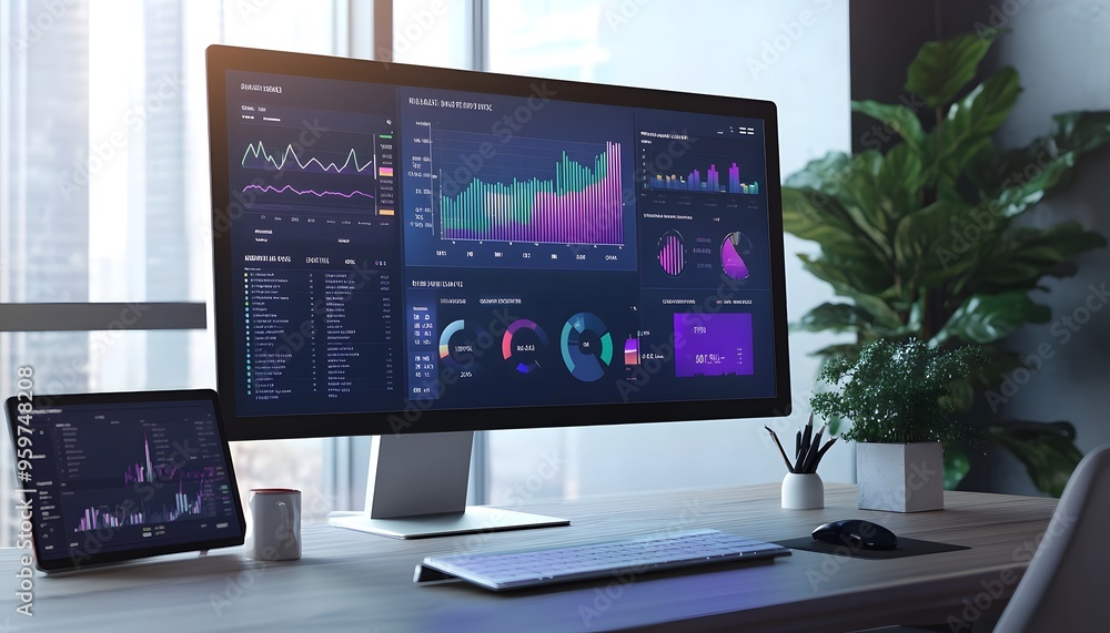 Desktop with Computer Screen Displaying Financial Data and Graphs Desktop with Computer Screen Displaying Financial Data and Graphs