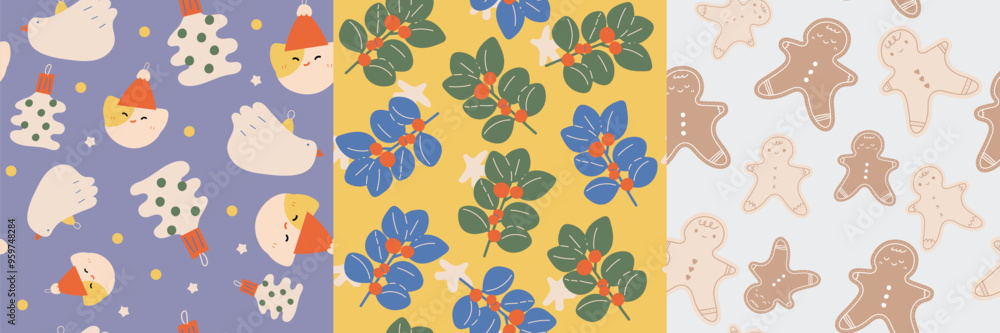 Merry christmas seamless pattern vector. Set of square cover design with cat, chick, gingerbread, leaves. Winter season illustration for fabric, wallpaper, packaging, wrapping paper, ads.