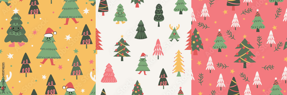 Merry christmas seamless pattern vector. Set of square cover design with pine tree, leaves, star. Winter season illustration for fabric, wallpaper, packaging, wrapping paper, ads. Merry christmas seamless pattern vector. Set of square cover design with pine tree, leaves, star. Winter season illustration for fabric, wallpaper, packaging, wrapping paper, ads.
