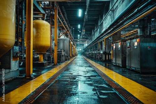 Industrial Factory Interior with Yellow Pipes and Wet Floor