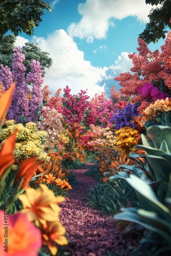 Wallpaper Mural Vibrant Garden Pathway Surrounded by Colorful Flowers Under a Bright Blue Sky with Fluffy Clouds Torontodigital.ca