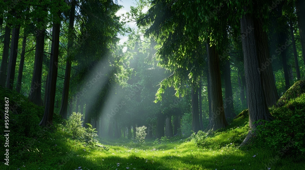 Naklejka premium Sunlight streaming through dense forest trees illuminating a serene green landscape. Nature's tranquility and beauty in a peaceful woodland setting