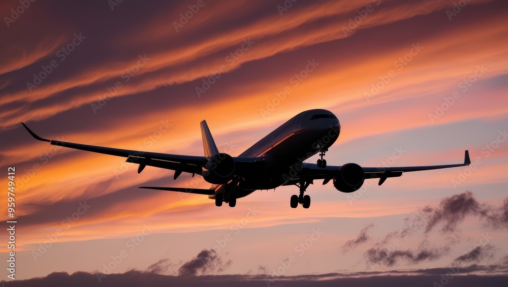 Airplane Silhouette Landing Against Dramatic Sunset Sky Airplane Silhouette Landing Against Dramatic Sunset Sky
