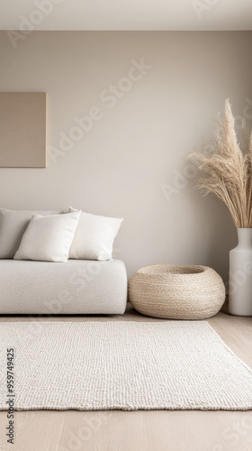 Scandinavian room interior design composition with a sofa, rug and a couch in soft tones