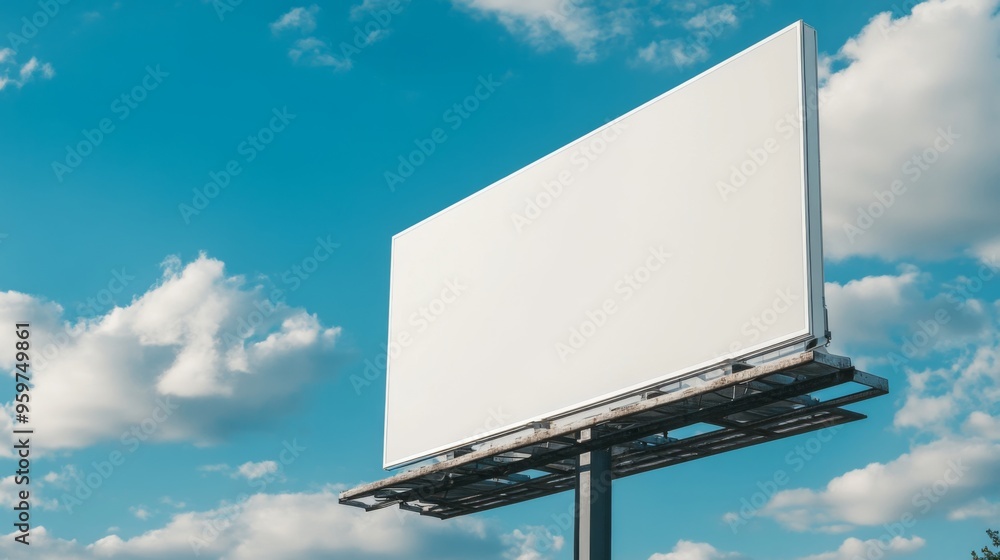 White blank empty mockup billboard located against a clear blue sky White blank empty mockup billboard located against a clear blue sky