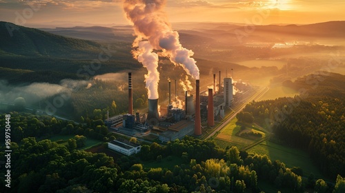 Biomass power plant in the forest at sunset