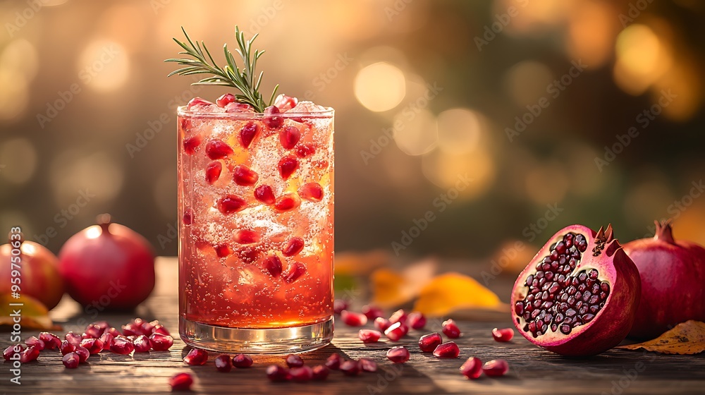 A beautifully presented pomegranate cider with pomegranate seeds and a sprig of rosemary, set on a wooden table with vibrant autumn leaves scattered around, A beautifully presented pomegranate cider with pomegranate seeds and a sprig of rosemary, set on a wooden table with vibrant autumn leaves scattered around,