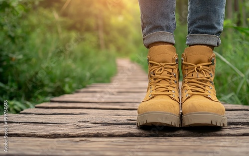 Person at the start of a hiking trail, ready to explore new terrain photo