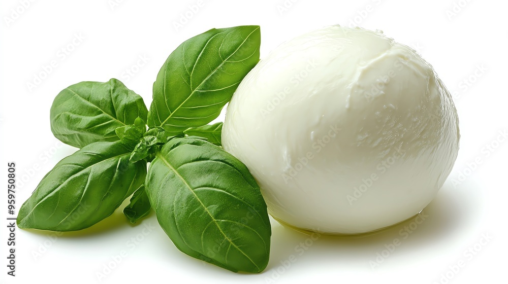 a ball of fresh mozzarella with basil leaves, Italian cuisine, soft and smooth, isolated on white background a ball of fresh mozzarella with basil leaves, Italian cuisine, soft and smooth, isolated on white background