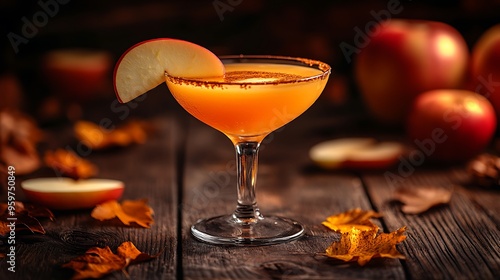 A caramel apple martini in a crystal glass with a caramel drizzle on the rim, garnished with a thin apple slice, placed on a rustic wooden table surrounded by scattered autumn leaves and apple slices,