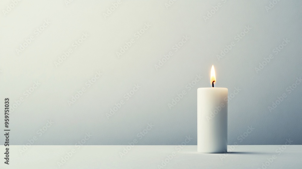 White candle with flame on a minimalistic background White candle with flame on a minimalistic background