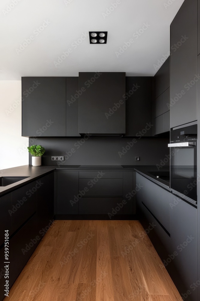 Sleek modern kitchen in black with minimal lighting, dark countertops and clean lines, creating a luxurious and sophisticated atmosphere Sleek modern kitchen in black with minimal lighting, dark countertops and clean lines, creating a luxurious and sophisticated atmosphere