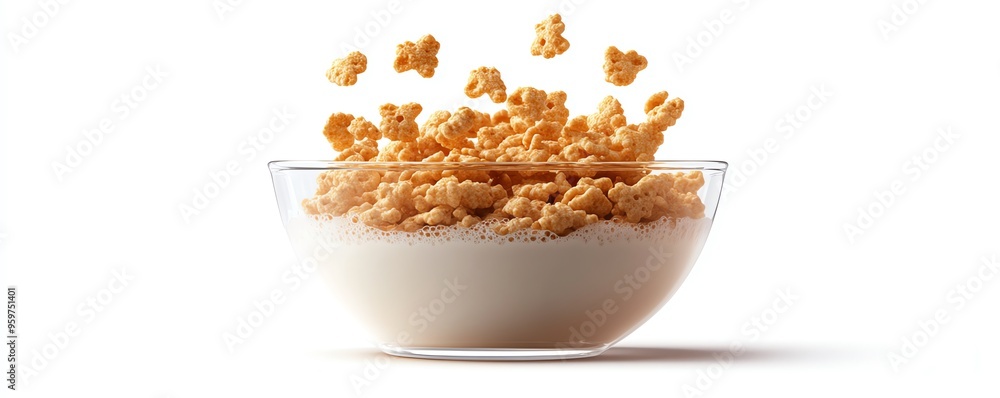 a bowl of milk with a floating cereal, breakfast concept, simple and fresh, isolated on white background a bowl of milk with a floating cereal, breakfast concept, simple and fresh, isolated on white background