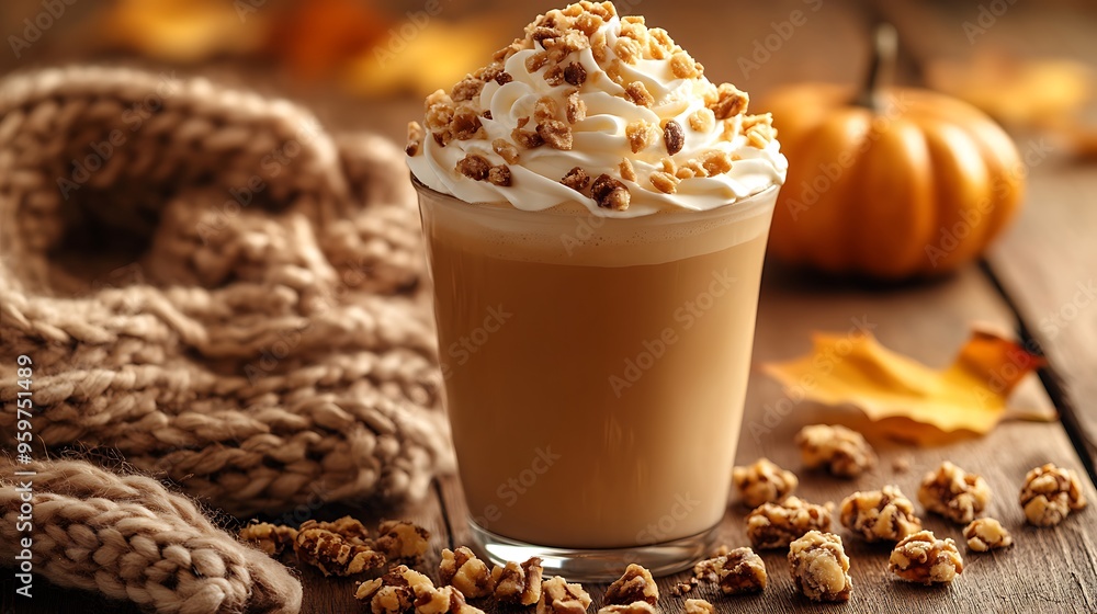 A chestnut praline latte topped with whipped cream and sprinkled with praline pieces, surrounded by fall leaves and a cozy scarf, placed on a wooden table with soft golden light casting warm shadows, A chestnut praline latte topped with whipped cream and sprinkled with praline pieces, surrounded by fall leaves and a cozy scarf, placed on a wooden table with soft golden light casting warm shadows,