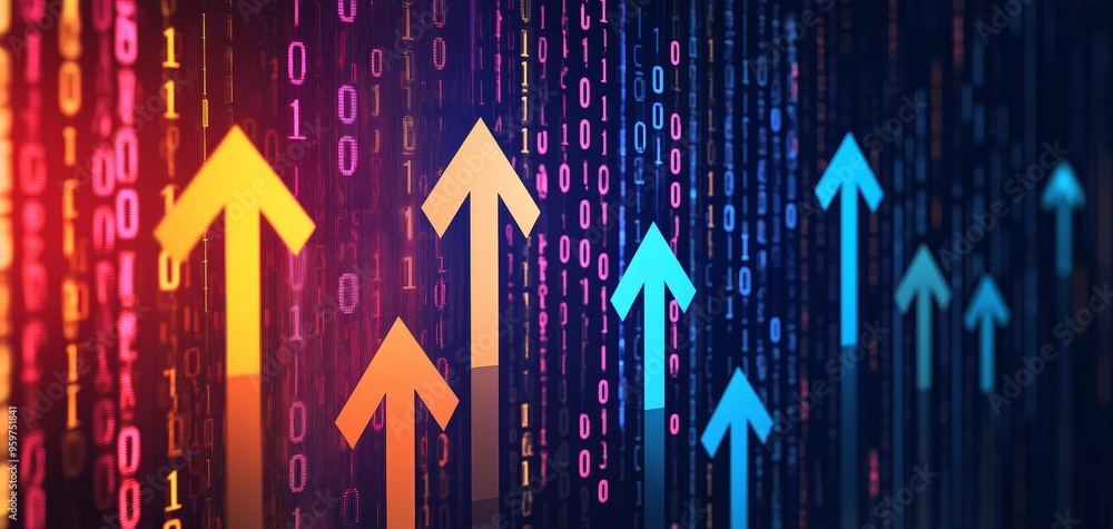 Fototapeta premium Vibrant arrows rising through a digital landscape, binary code in the background, symbolizing data growth and technology advancements