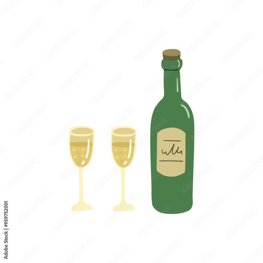 Doodle abstract champagne bottle with glasses Handmade design elements. Happy Valentine's Day. Stickers. Doodle abstract champagne bottle with glasses Handmade design elements. Happy Valentine's Day. Stickers.