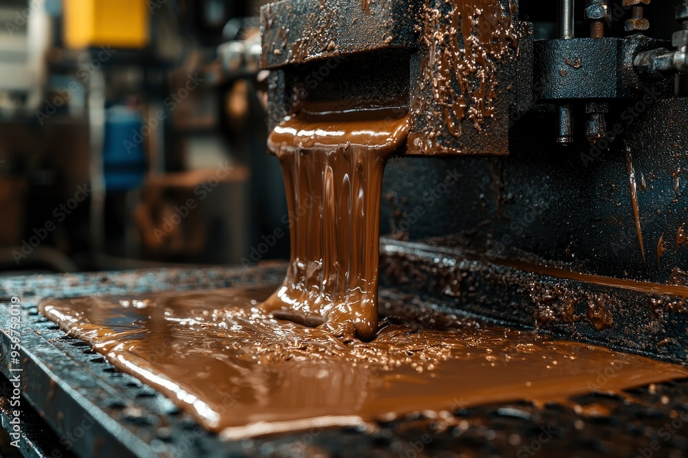 Molten Chocolate Pouring Onto A Metal Surface In A Factory Molten Chocolate Pouring Onto A Metal Surface In A Factory
