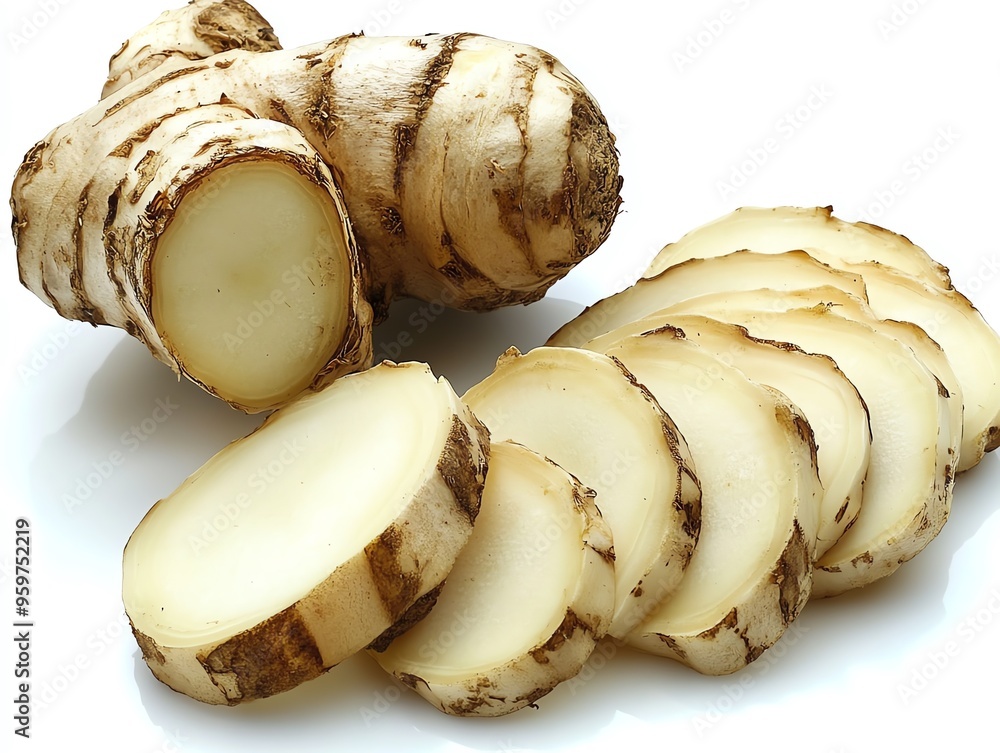 a chopped galangal root in slices, ready for cooking, pale beige tones, isolated on white background a chopped galangal root in slices, ready for cooking, pale beige tones, isolated on white background