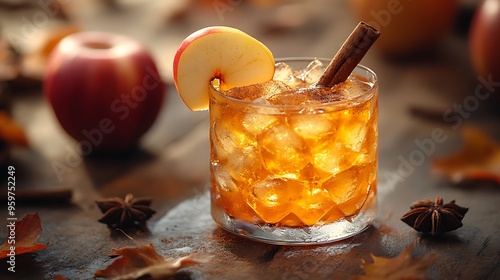 A close-up of a cinnamon apple old fashioned in a glass, with a cinnamon stick and apple slice garnish, placed on a rustic table surrounded by autumn leaves and spices,