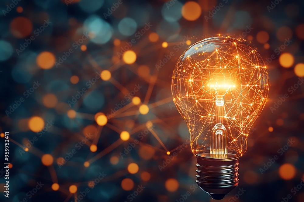 A glowing light bulb with a network of interconnected lines A glowing light bulb with a network of interconnected lines