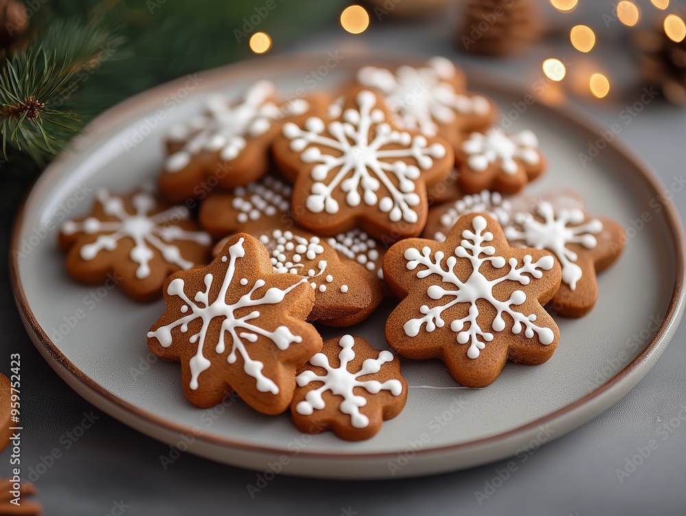 Close-up of decorated gingerbread cookies on a festive plate Close-up of decorated gingerbread cookies on a festive plate