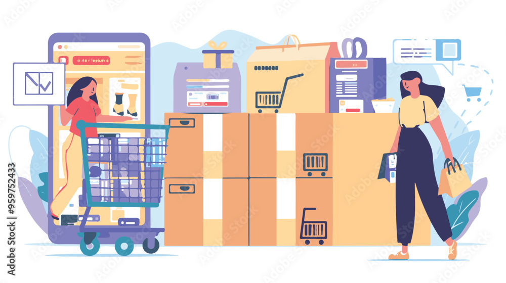 A woman chooses goods, pays online, and receives an order from a courier. Easy online shopping Vector flat illustrations A woman chooses goods, pays online, and receives an order from a courier. Easy online shopping Vector flat illustrations