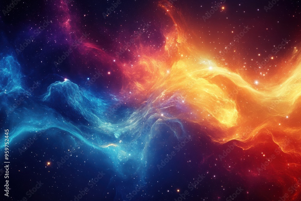 Obraz premium A vibrant cosmic scene featuring swirling colors of blue and orange, representing the beauty of the universe and galaxies.