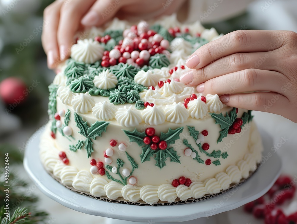 Close-up of hands decorating a Christmas cake with intricate icing design Close-up of hands decorating a Christmas cake with intricate icing design