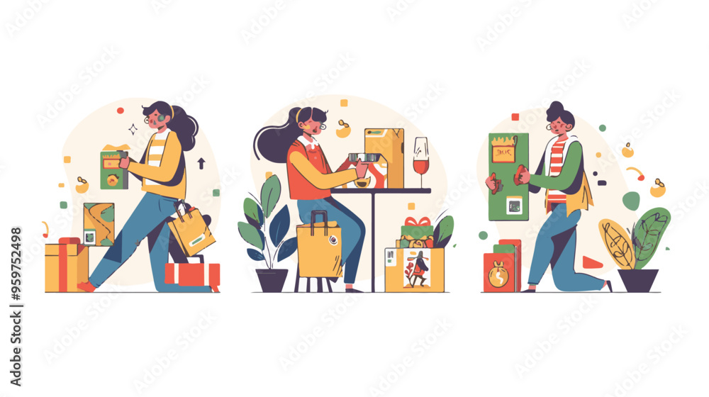 A woman chooses goods, pays online, and receives an order from a courier. Easy online shopping Vector flat illustrations A woman chooses goods, pays online, and receives an order from a courier. Easy online shopping Vector flat illustrations