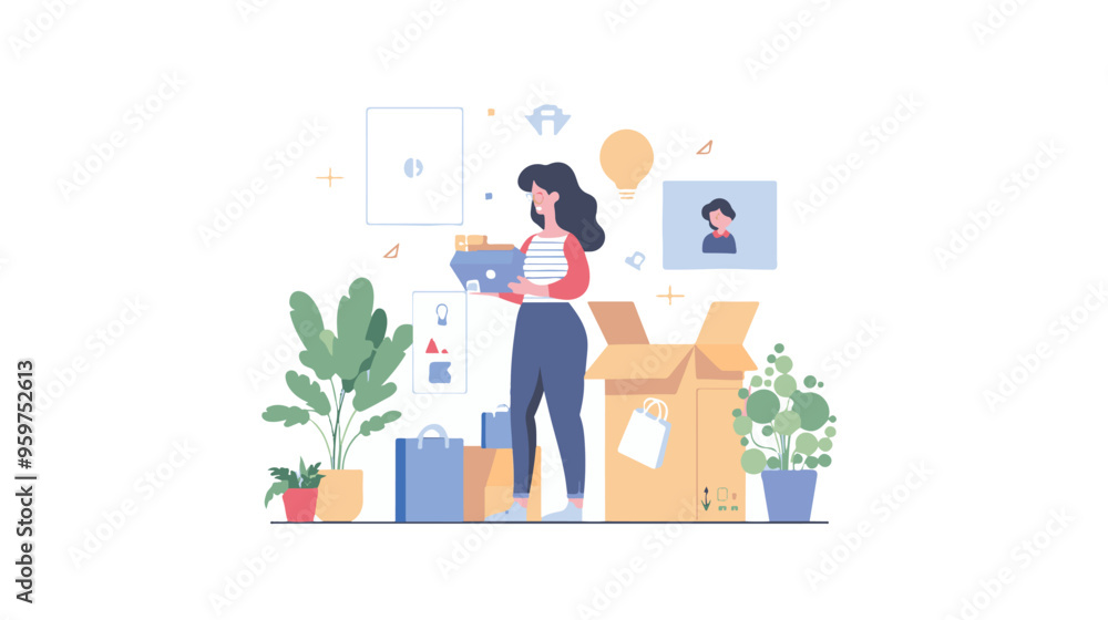 A woman chooses goods, pays online, and receives an order from a courier. Easy online shopping Vector flat illustrations A woman chooses goods, pays online, and receives an order from a courier. Easy online shopping Vector flat illustrations