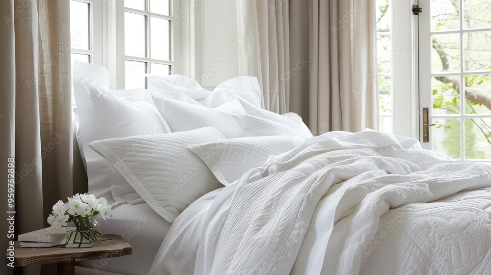 A white bed with crisp bedding and a plant on a side table in a bedroom. A white bed with crisp bedding and a plant on a side table in a bedroom.