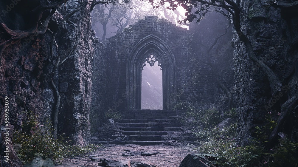 Fototapeta premium Enchanted Fairy Tale Forest Mansion at Twilight with Magical Glowing Lights and Mystical Atmosphere
