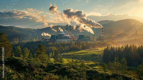 power plant with steam in the forest