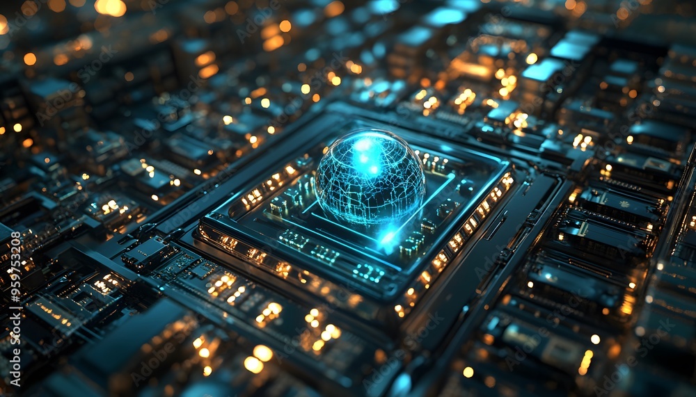 A Digital Globe Embedded in a Futuristic Circuit Board A Digital Globe Embedded in a Futuristic Circuit Board