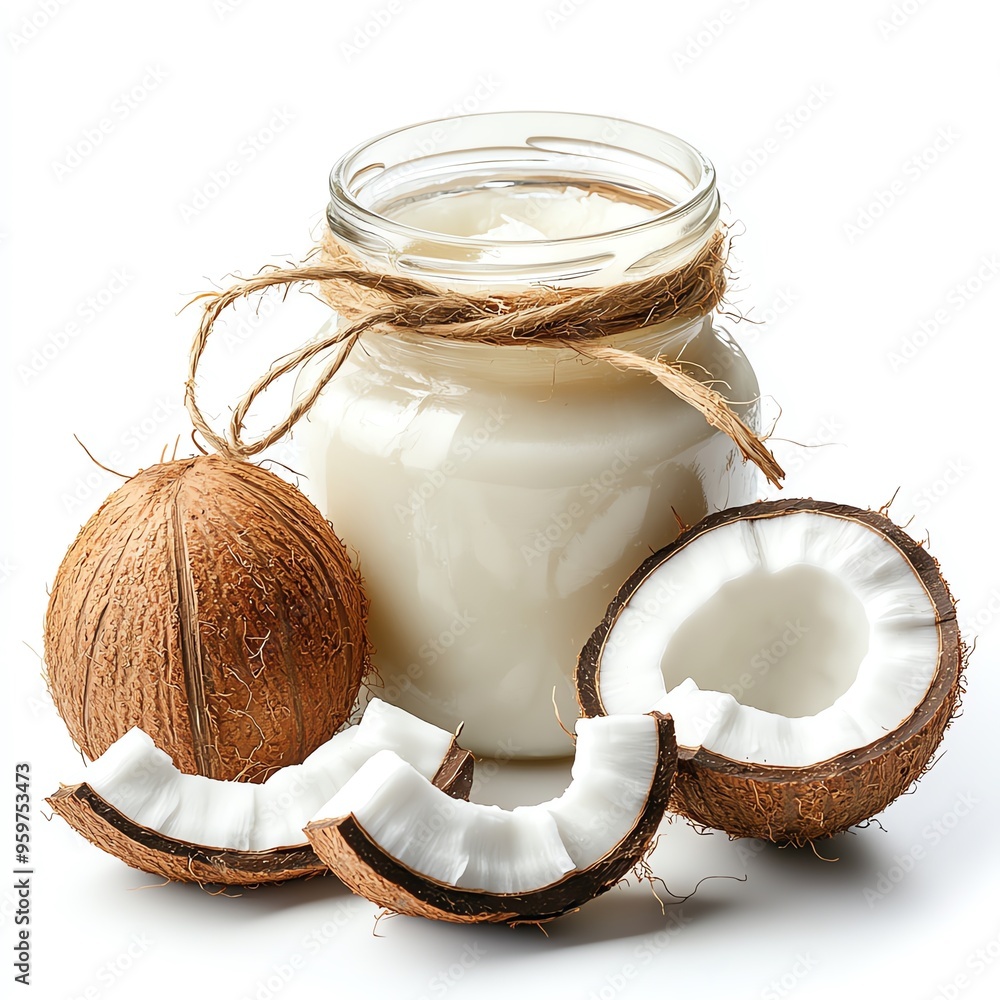 a jar of coconut oil with coconut pieces around it, tropical and fresh, vibrant presentation, isolated on white background a jar of coconut oil with coconut pieces around it, tropical and fresh, vibrant presentation, isolated on white background