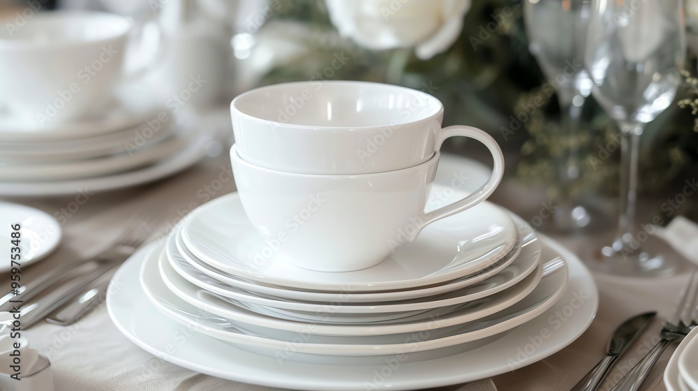 A stack of white dishes, with a coffee cup on top of the stack. A stack of white dishes, with a coffee cup on top of the stack.