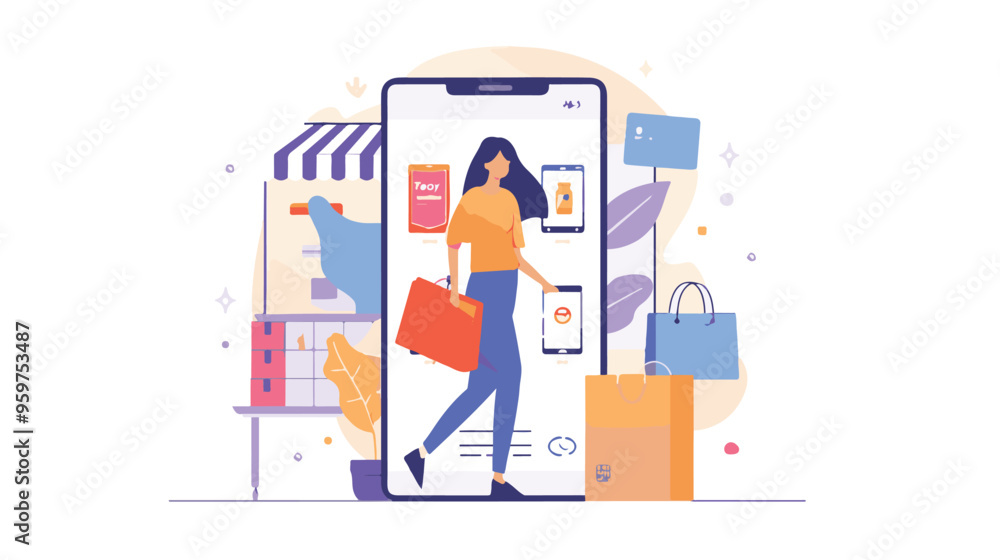 A woman chooses goods, pays online, and receives an order from a courier. Easy online shopping Vector flat illustrations A woman chooses goods, pays online, and receives an order from a courier. Easy online shopping Vector flat illustrations